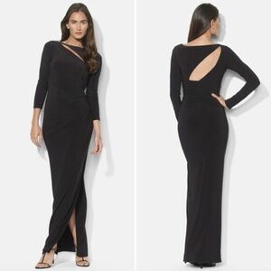 NWT Lauren Ralph Lauren Evening Womens 2 Navy Matte Jersey Maxi Dress Cut Out